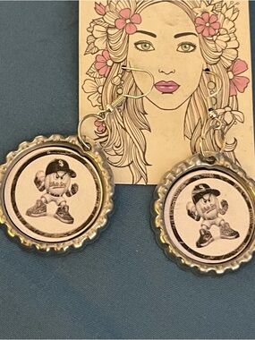 Handmade Bottle Cap Dangle Earrings with Mascot Art - Silver